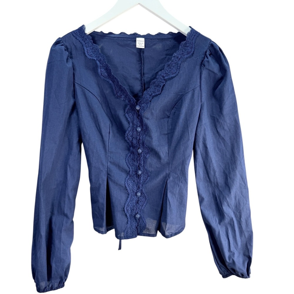 Poéselle Blouse Women XS Navy Lace Trim V-Neck Tie Back Cottagecore Victorian